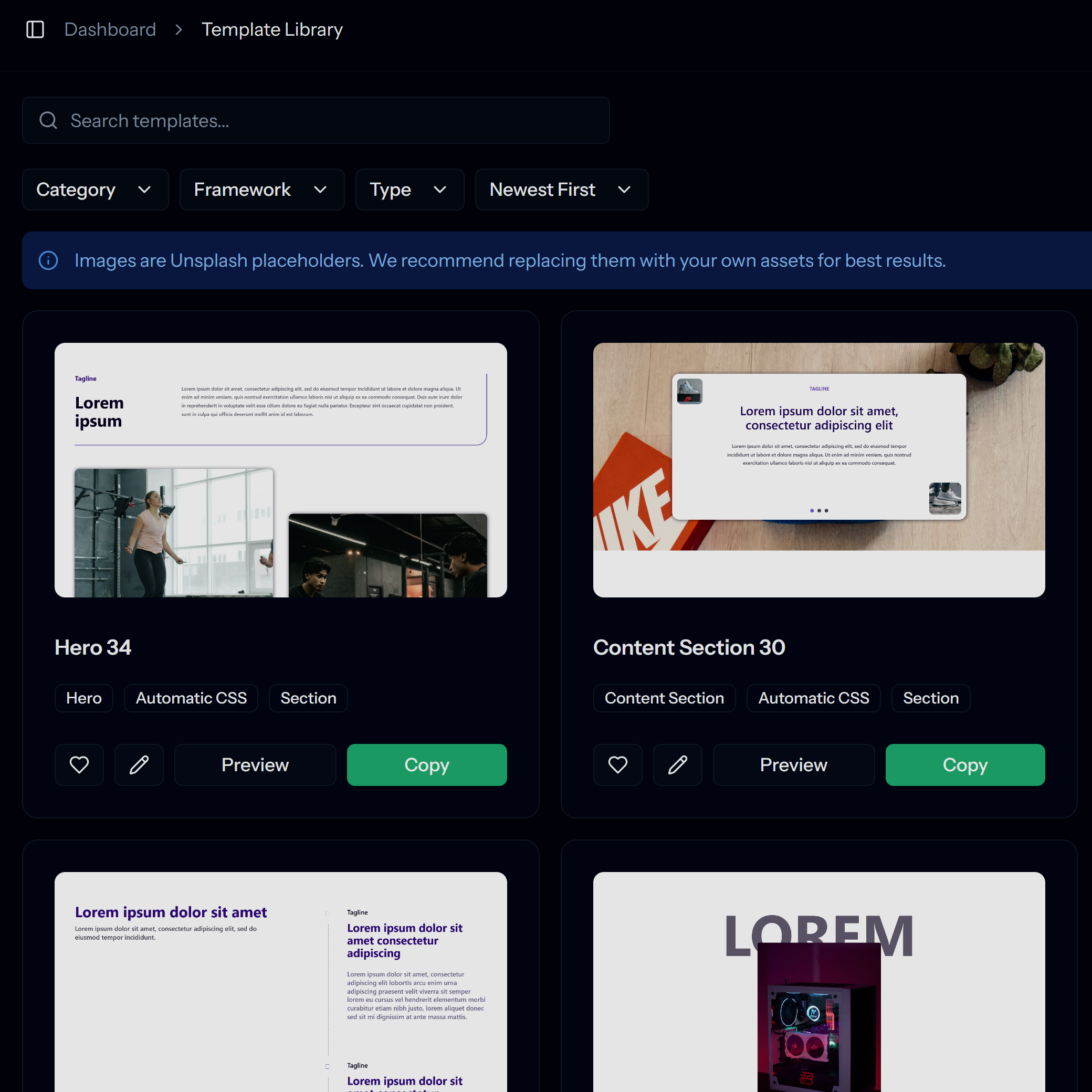 Web design template library dashboard interface preview.