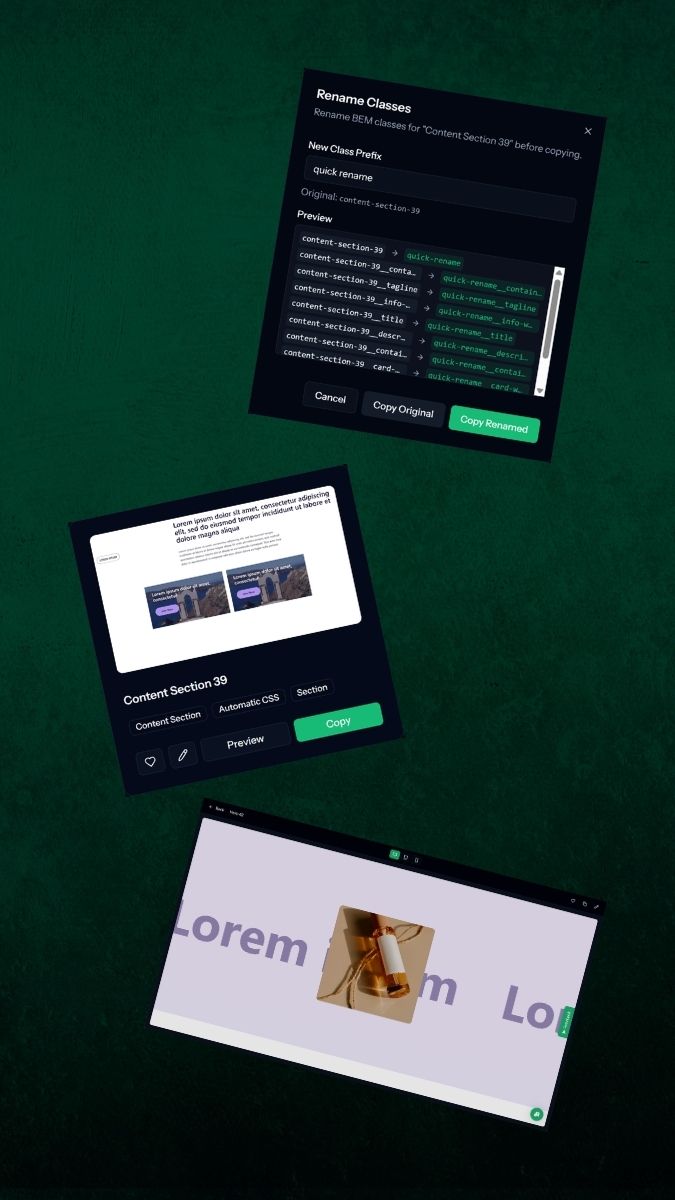 Software UI design interface examples on dark background.