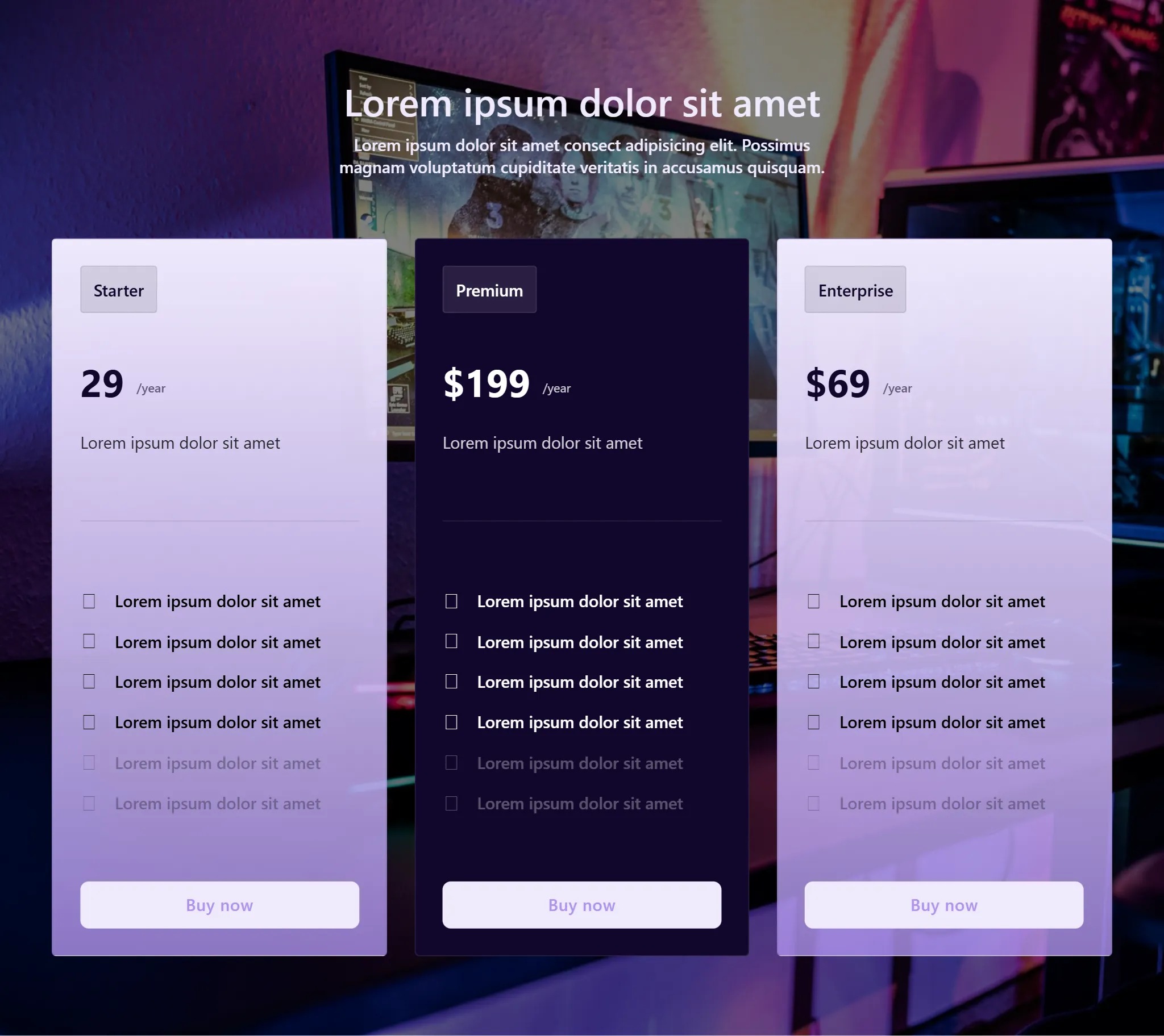Pricing plan comparison: starter, premium, enterprise.