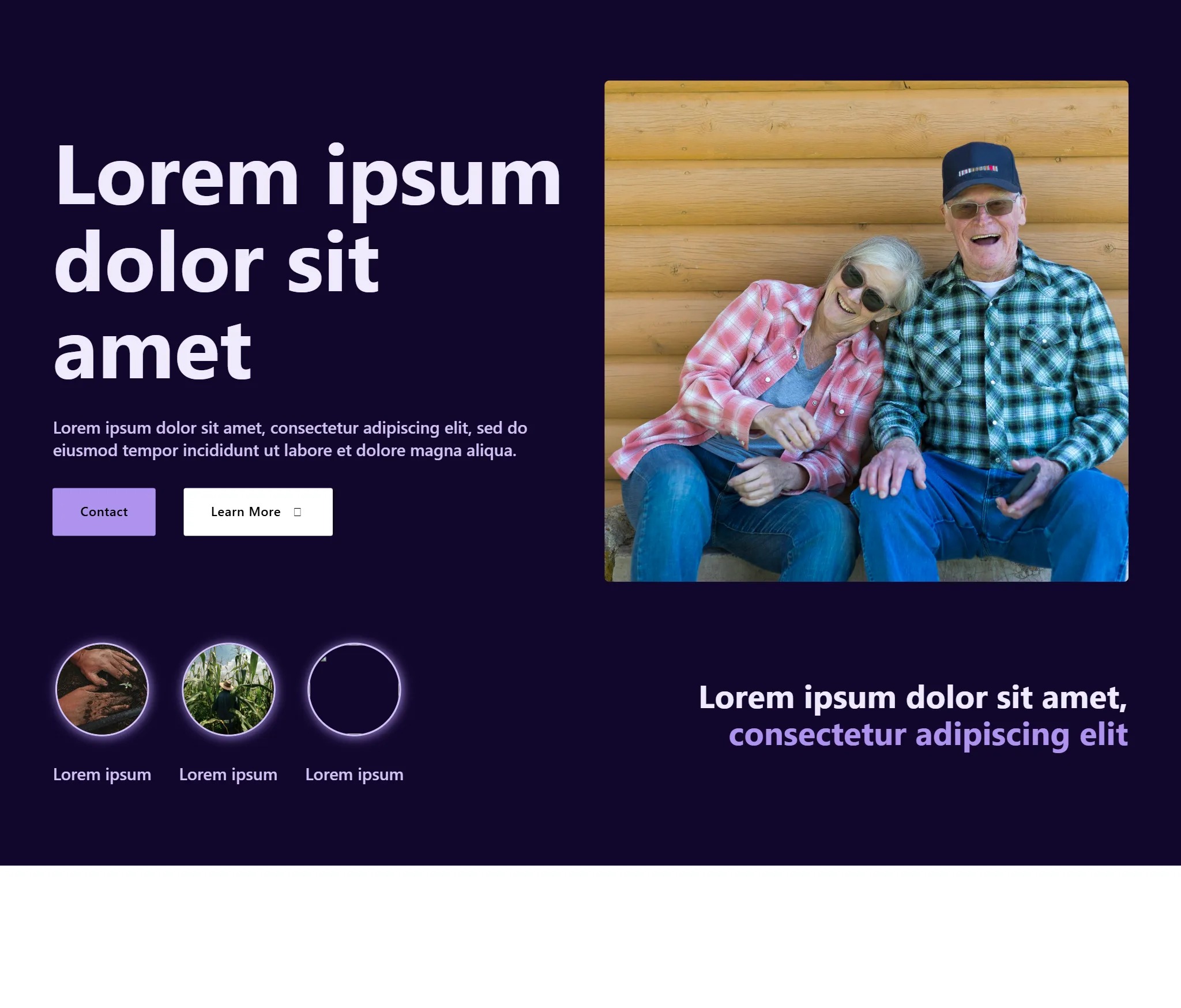 Smiling elderly couple in plaid shirts on bench.