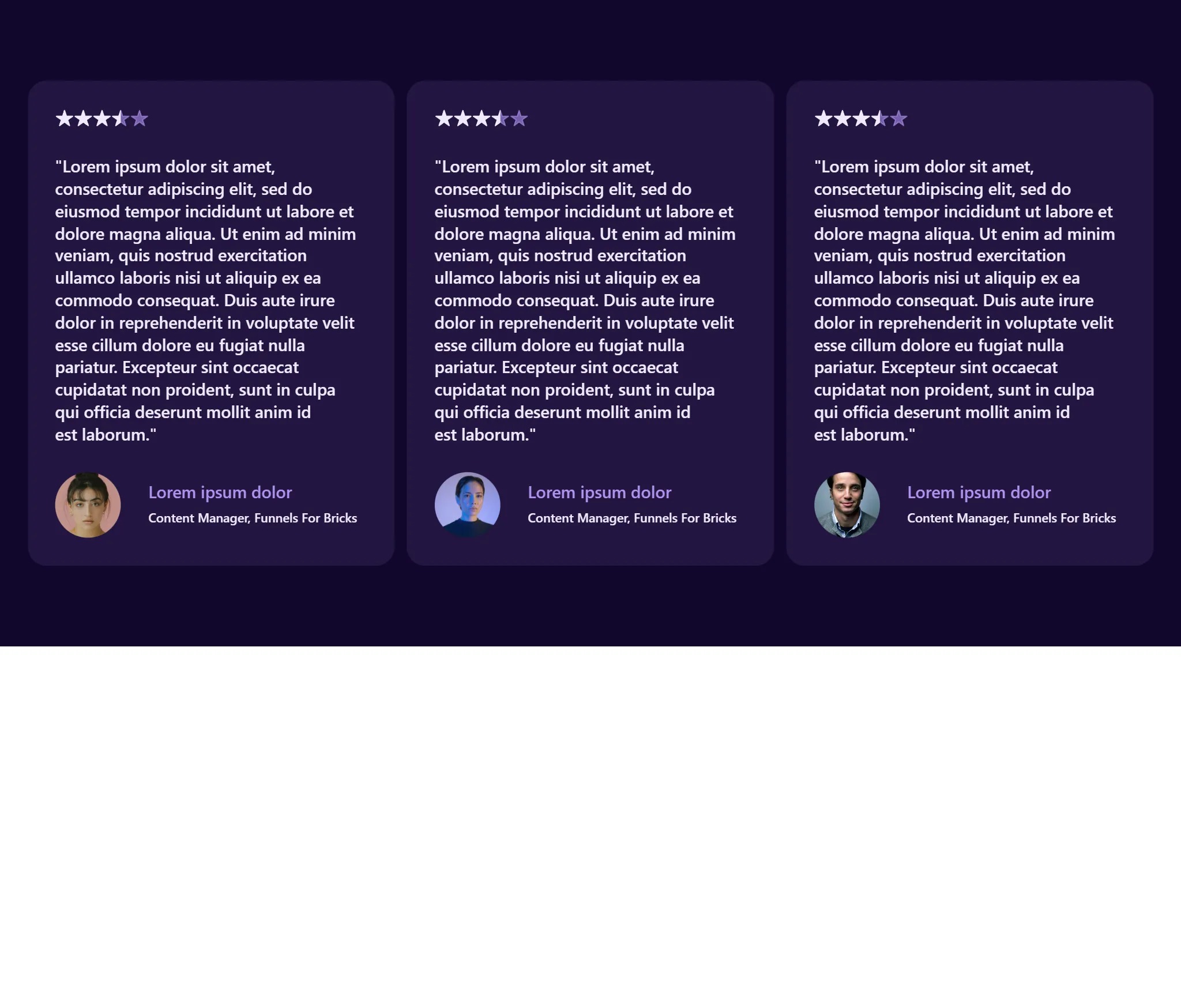 Three testimonial cards with star ratings and quotes.